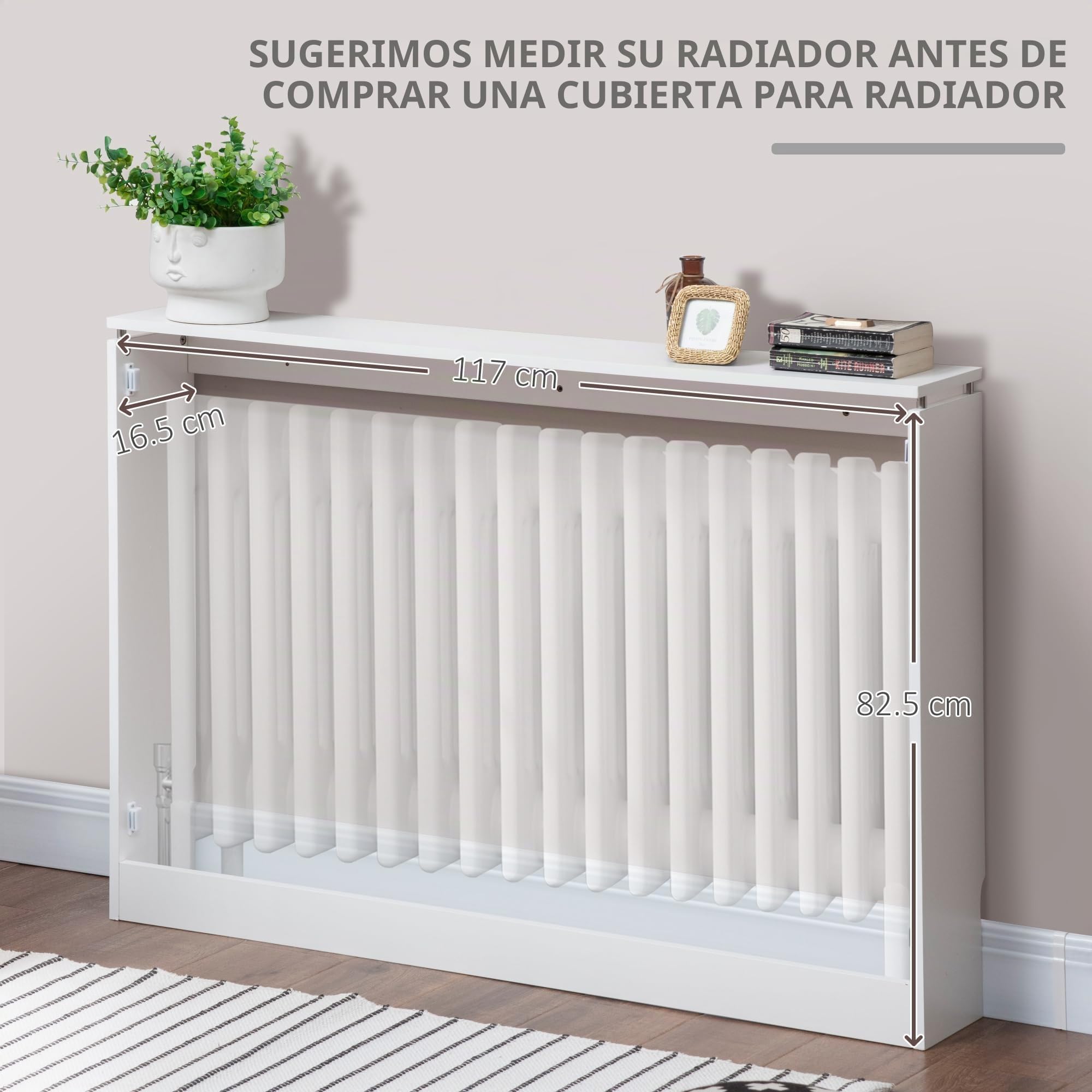 HOMCOM Moderno y Elegante Cubreradiador de Lamas para el Hogar, MDF y Acero, 120x18x84cm, Blanco