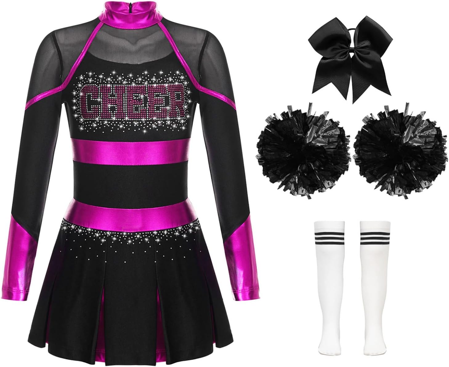 Lejafay Kids Girls Cheer Leader Outfits Halloween Cheerleading Dance Dress Uniform with Headwear Pom Pom Socks Set