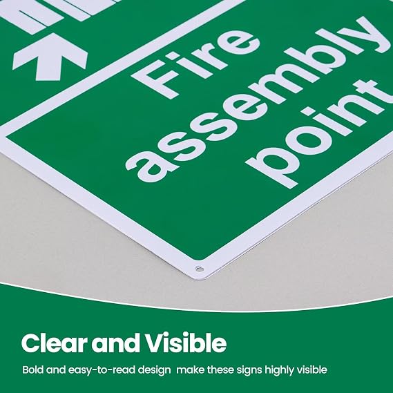 Fire Assembly Point Sign Outdoor - 400 x 300mm - 1mm Rigid Plastic | Self-Adhesive Backing & 4 Pre-Drilled Holes, Weatherproof Matte Finish, BS 5499 & EN ISO 7010 Compliant For Public Areas