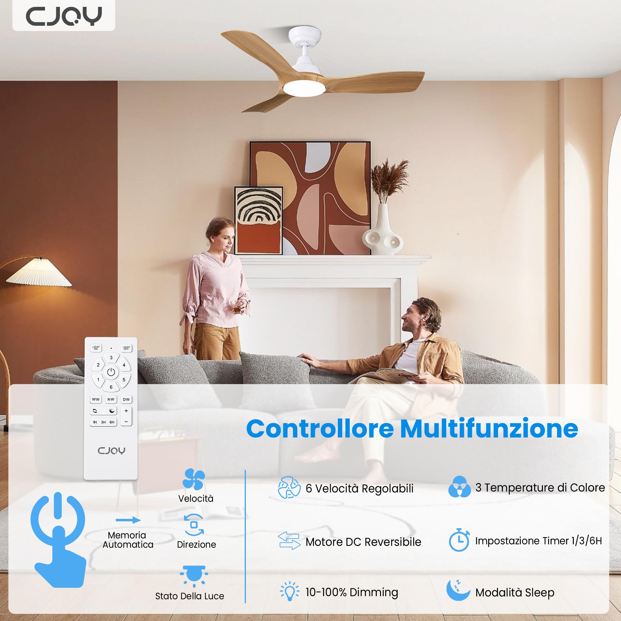 CJOY Ventilatore da Soffitto Silenzioso,107cm Ventilatore da Soffitto con Luce e Telecomando Legno, Reversibile, Dimmerabile 3CCT, 6 Velocità, Modalità Sospensione, Per Camera da Letto/Soggiorno/Patio