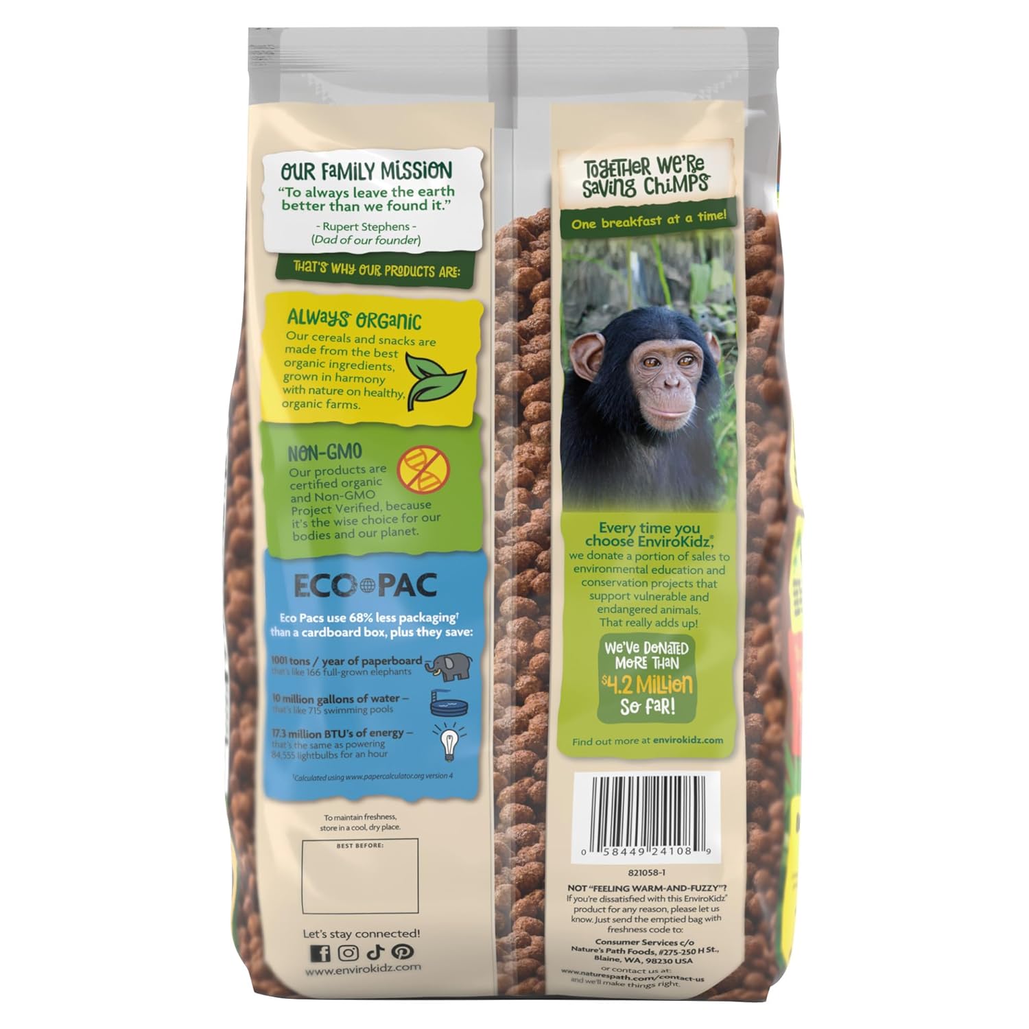 EnviroKidz Organic Choco Chimps Cereal, 24 oz (Pack of 2), Chocolate, Gluten Free, Non-GMO, Fair Trade, by Nature's Path