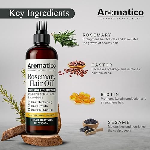 Miniatura 3 de Aceite de romero 100% puro para el crecimiento del cabello, control de caídas y engrosamiento del cabello. Enriquecido con aceites de sésamo, jojoba