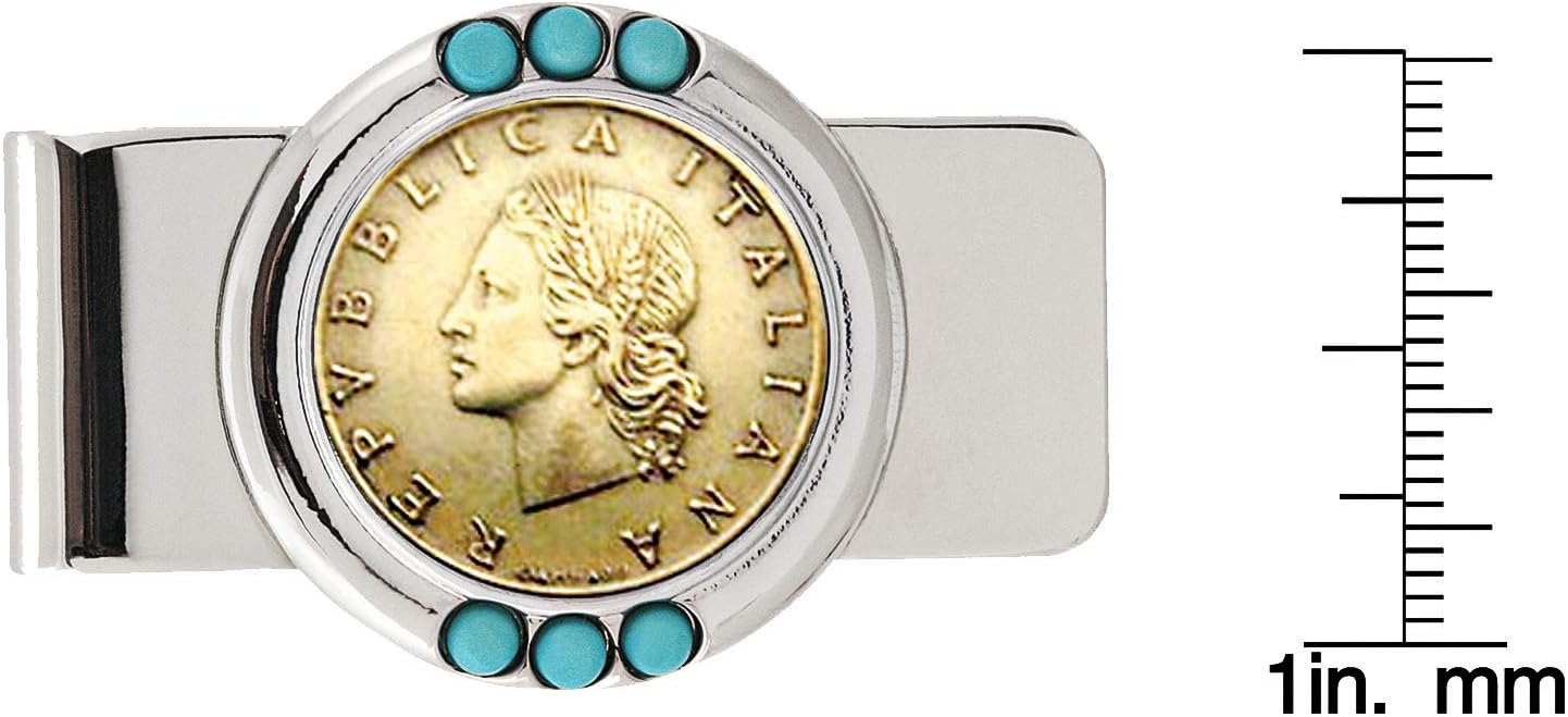 American Coin Treasures Coin Money Clip - Italian 20 Lira | Brass Moneyclip Layered in Silver-Tone Rhodium with Turquoise Stones | Holds Currency, Credit Cards, Cash | Certificate of Authenticity