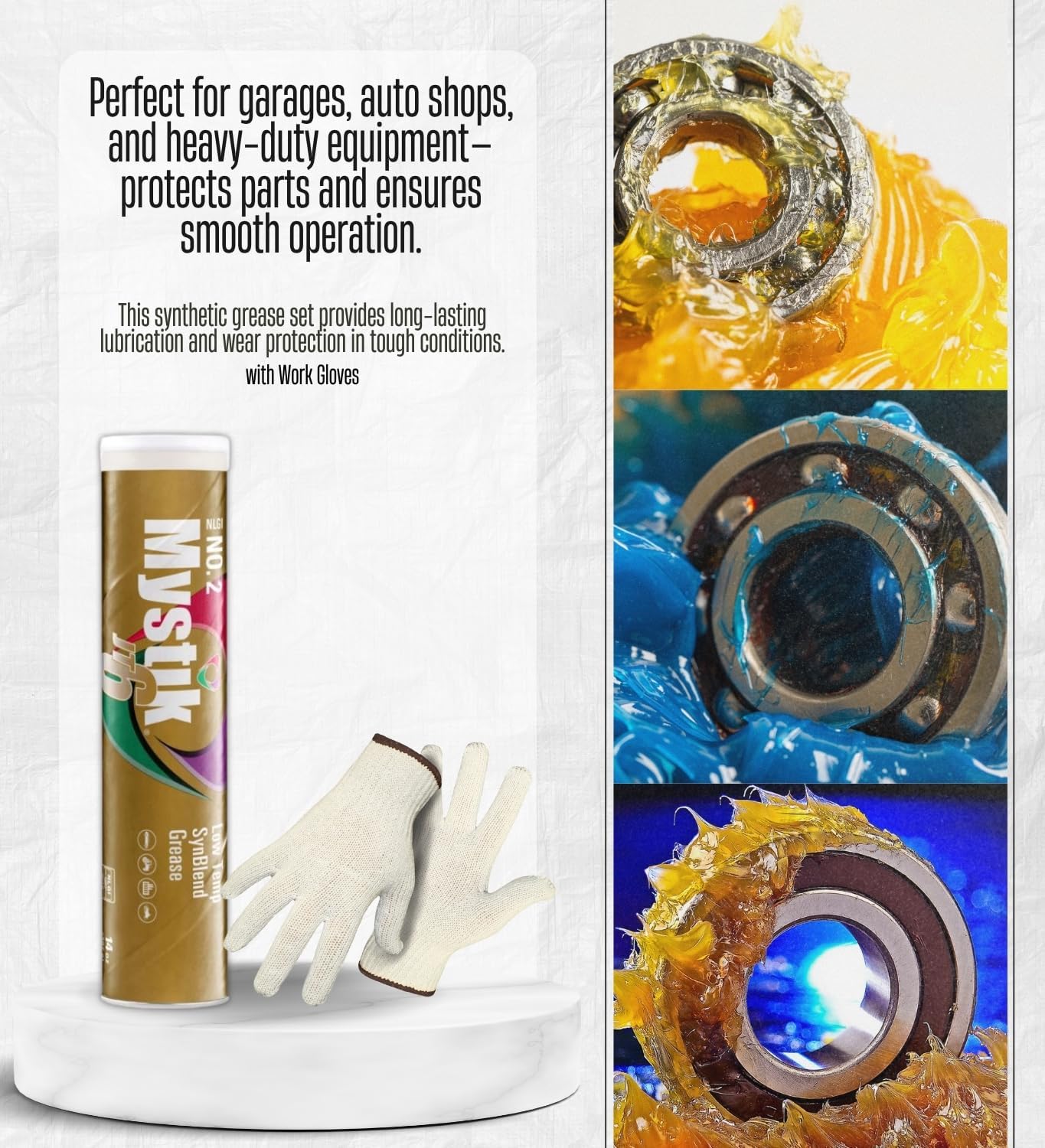 2X Mystic Grease Tubes 14 oz Bundle with Work Gloves – Multi-Purpose Lithium-Complex Grease Resists Heat, Oxidation & Low-Temp Torque for Smooth Performance – Gift Set (3 Items)