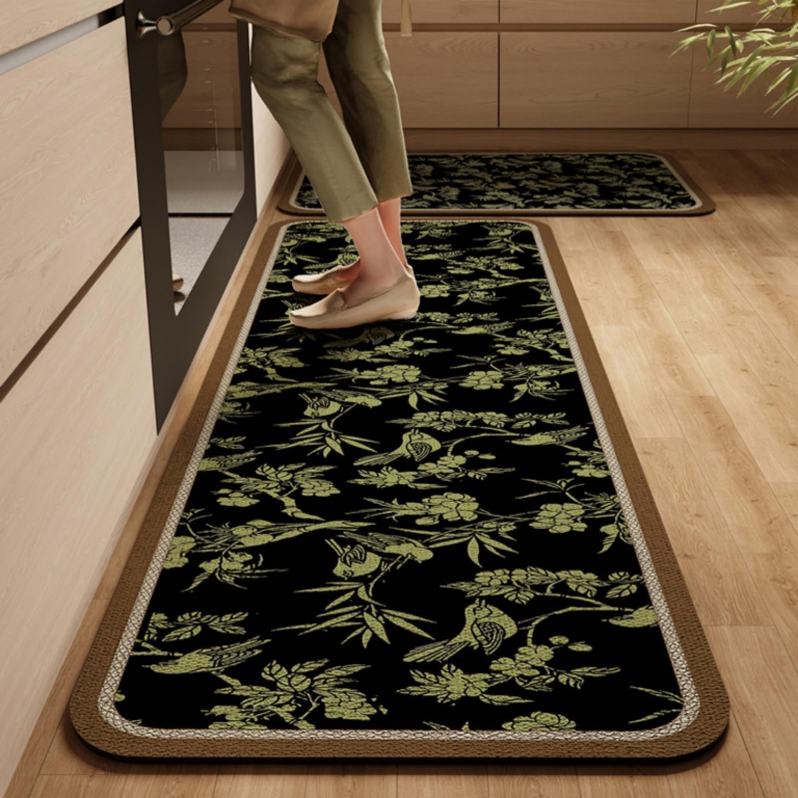 Tappeto Cucina 40X60Cm+40X120Cm Verde Nero Tappeto Cucina Antiscivolo Lavabile Set Di 2 Pezzi,Tappetino Multiuso In Pelle,Comodità E Resistente,Per Ingresso,Camera,Bagno