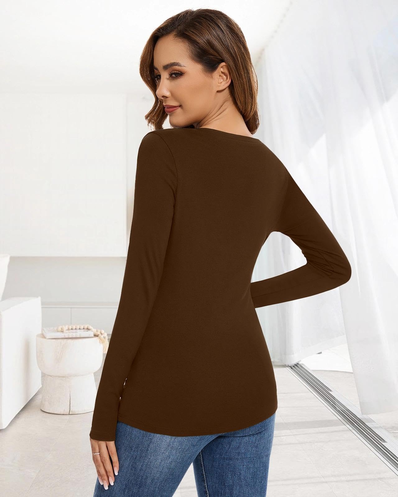 WOWENY Koszulka termiczna dla kobiet, seksowny cross wrap, zimowy sweter, Sweetheart Neck, długi rękaw, bielizna termiczna, podkoszulek z długim rękawem, koszulka polarowa