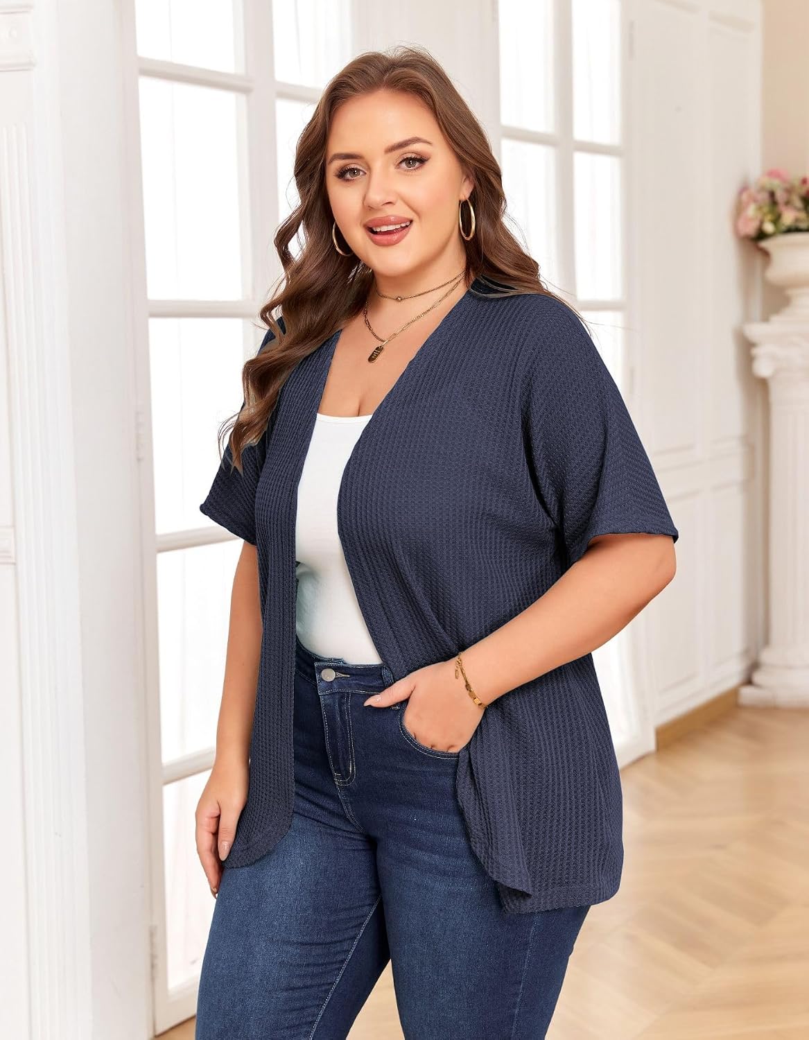 ForHailey Plus Size Cardigan for Women Short Sleeve Waffle Knit Kimono Open Front Tops Swimsuit Cover Up Outwear