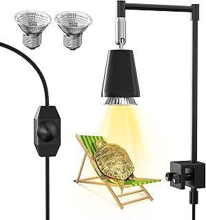 Reptile Heat Lamp, UVA UVB Habitat Basking Lamp, Turtle Aquarium Tank Heating Lamp with Clamp, 360° Rotatable Adjustable Brightness Heating Light Metal Stand with 2 Heat Bulbs (E27, 50W)