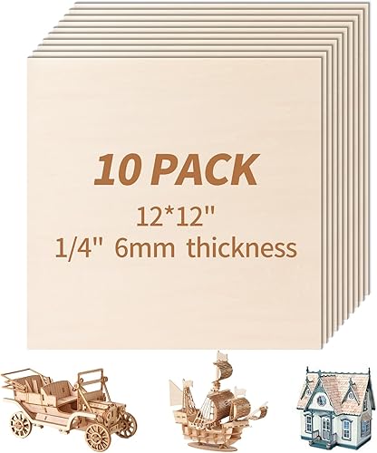 Paquete de 10 hojas de tilo de 12x12" de 14 de pulgada y 6 mm sin acabado. Hojas de madera contrachapada de tilo para proyectos DIY, grabado láser,