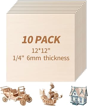 10 Pack-12x12 Basswood Sheets 1/4 for Crafts Inch 6mm Unfinished Basswood Sheets.Plywood Sheets Used for DIY Projects, Laser Engraving, Wood Burning, Staining, Model Making & More