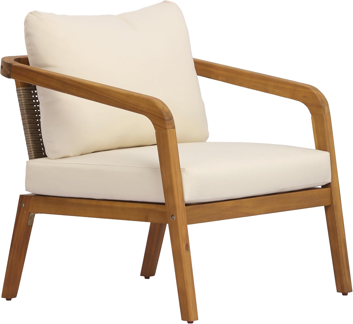 Elountik Acacia Wood Outdoor Patio Chair with PE Wicker Backrest, Cushions - Modern Accent Armchair for Balcony, Poolside, Sunroom, Living Room - Sturdy 400 Lb Weight Capacity
