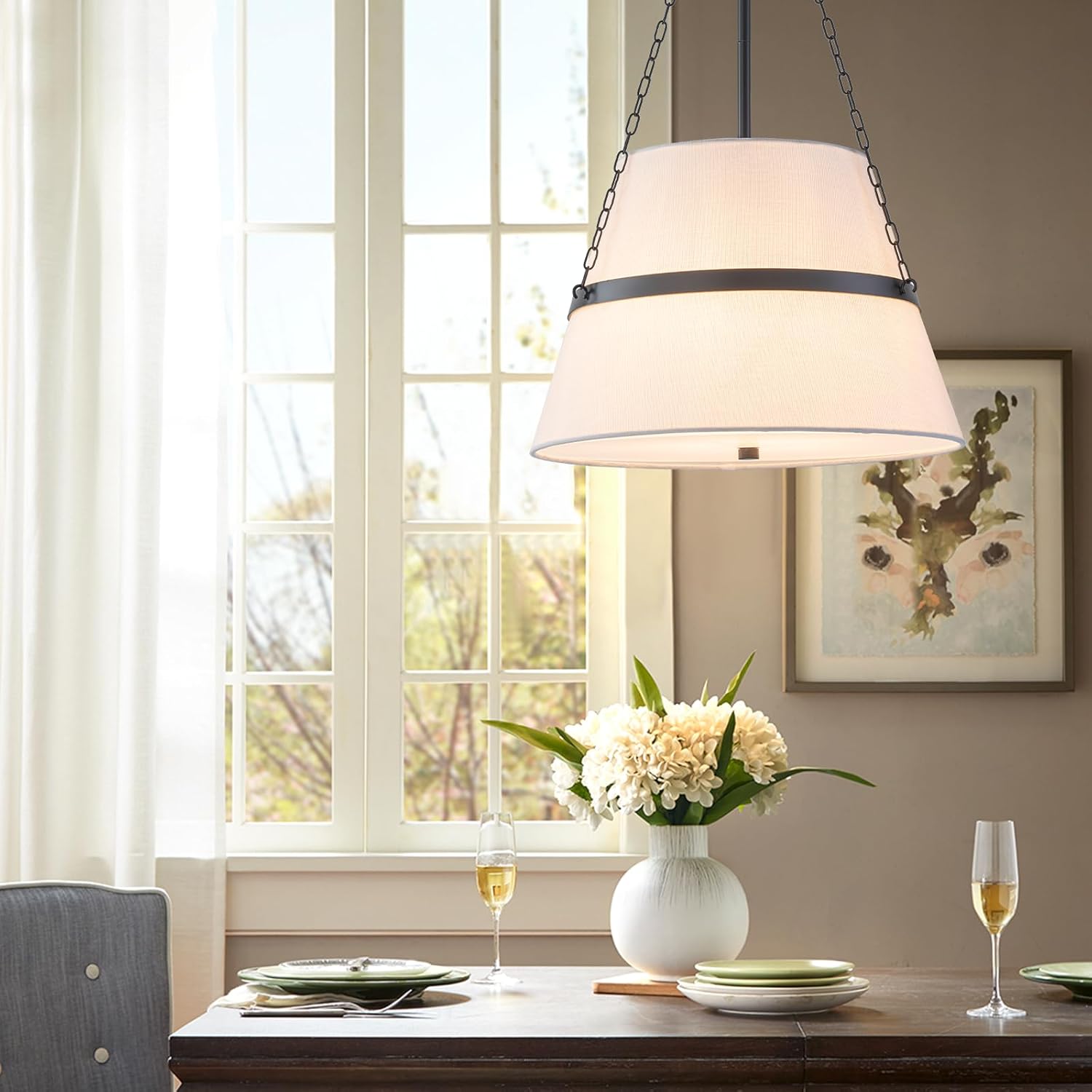 Modern Pendant Light Fixtures Black and White Linen Drum Chandeliers for Dining Room 15.35" 4-Light Farmhouse Cone Hanging Pendant Light for Kitchen Island 15.35" W x 28.35" H