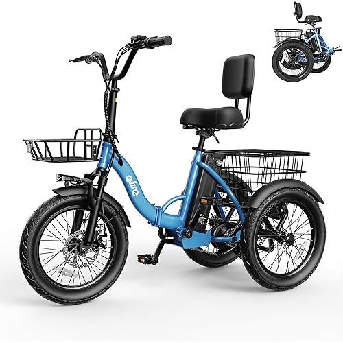 Qlife Triker Electric Bike, 750W/1200W Brushless Motor Folding Trike Ebike, 48V10.4AH Removable Battery, 3 Wheel Electric Bicycle, Up to 55 Mile 20 Tire Tricycle for Adults