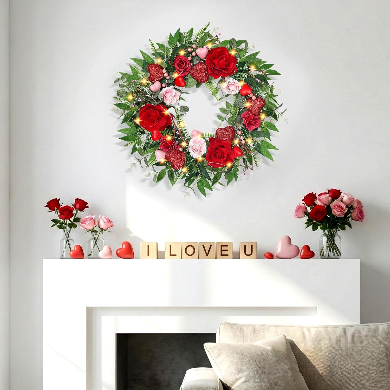 20 Inch Valentines Day Wreath, Valentine Wreaths for Front Door, Spring Summer Eucalyptus Greenery Wreath with Pink and Red Flowers Hearts Artificial Door Wreaths for Anniversary Wedding Home Decor - Image 4