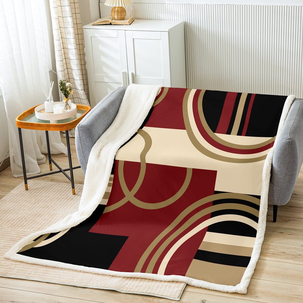 Geometric Boys Fleece Throw Blanket Abstract Color Block Boxes Lines Sherpa Blanket Kids Girls Circles Fuzzy Blanket for Sofa Bed Ivory Brown Black Red,Double 60x79 Inch
