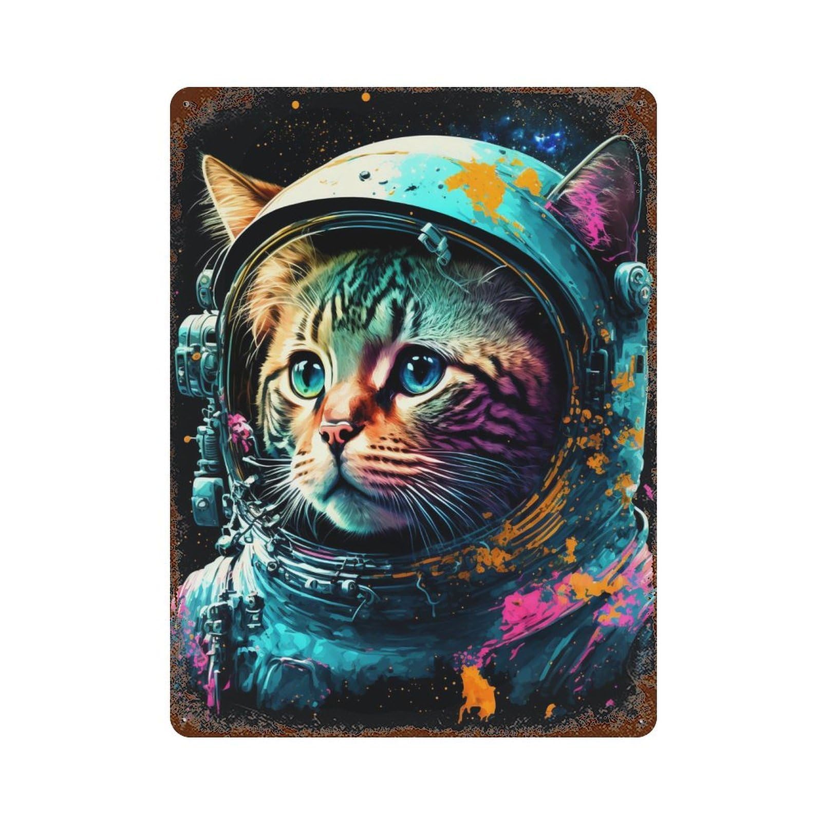 Aged Metal Wall Plaque with Cosmic Cat Adventure Design 15.7"x11.8", for Shed, Workshop And Garage Wall Decor, Decorative Metal Wall Art