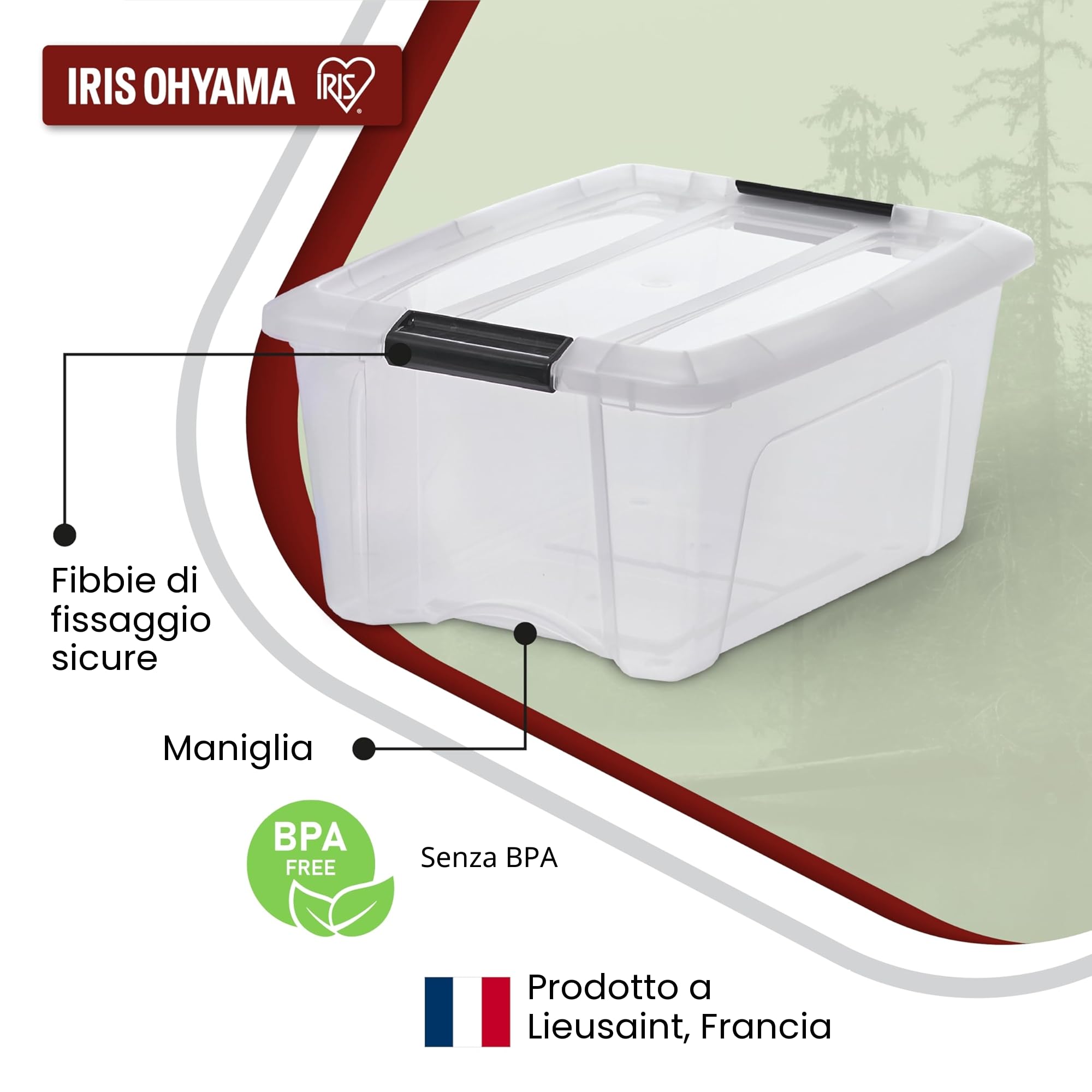 Iris Ohyama Scatole Portaoggetti in con Coperchio, 15L, Lotto di 4, Trasparente, Clip di Bloccaggio, Empilabile, Maniglia, Per Camera, Armadio, Ufficio, Organizzatore, Senza BPA, NTB-15