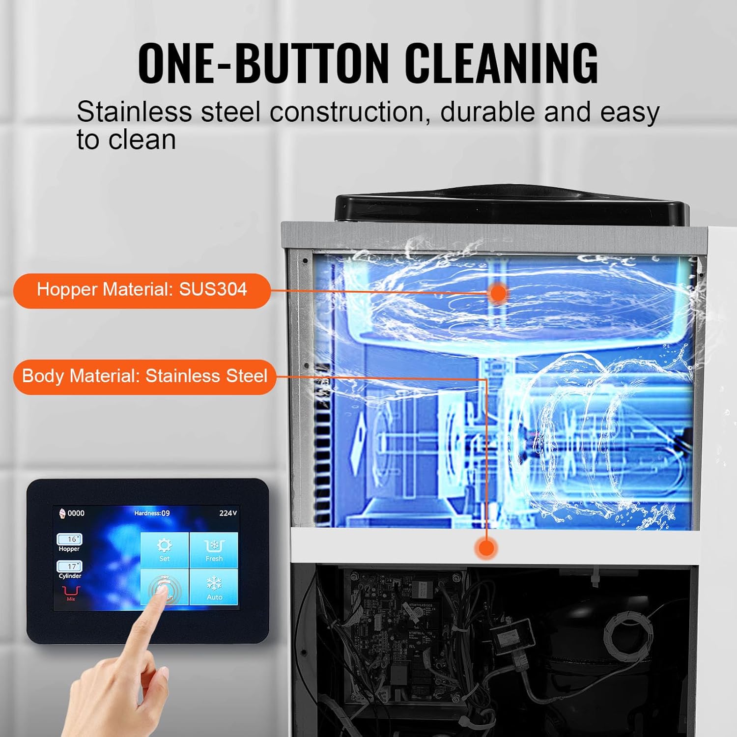 One-button cleaning feature of the ice cream machine