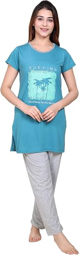 TWENTY ME Vrinda Summer Night Wear Half Sleeve Round Neck Polycotton Printed Night Suit Set For Womens (NS VR)