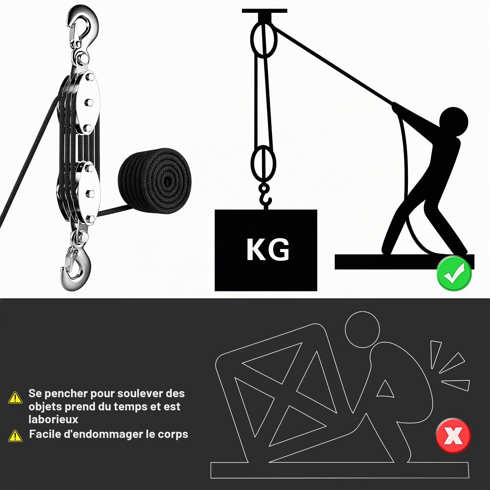Palan à poulie pour Charge Lourde, 2000 kg Max. Câble Manuel 8:1, système de poulie avec 20 m de Nylon, jusqu'à 2,5 m de Hauteur, Rotatif à 270°, pour Chasse, garages, entrepôts