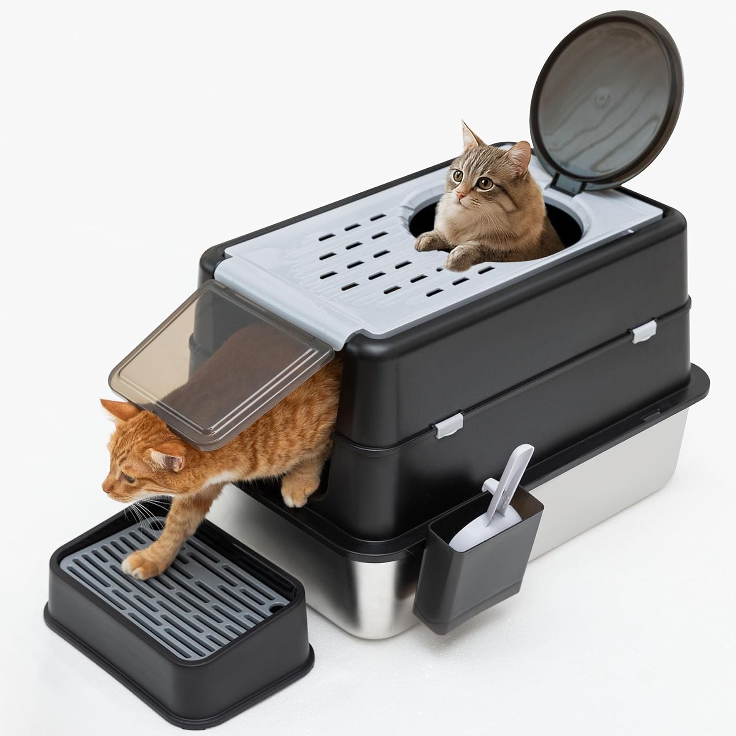 Stainless Steel Litter Box, XL Top Entry Cat Litter Box with Flip Lid, High Side Large Top Front Dual Exit Enclosed Cat Litter Pan Tray with Litter Scoop and Foot Pedal, Easy Cleaning, Anti-Leakage