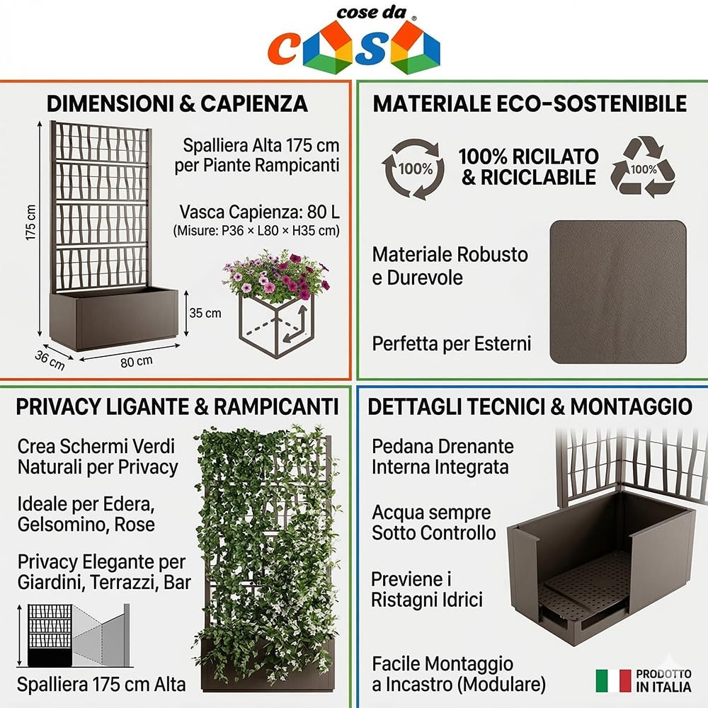 Fioriera alta cm 175 con vaso largo cm 80 Spalliera Grigliata separe' tortora graticola rampicante modulabile e componibile per Esterni Giardini Terrazze separatore ambienti locali commerciali