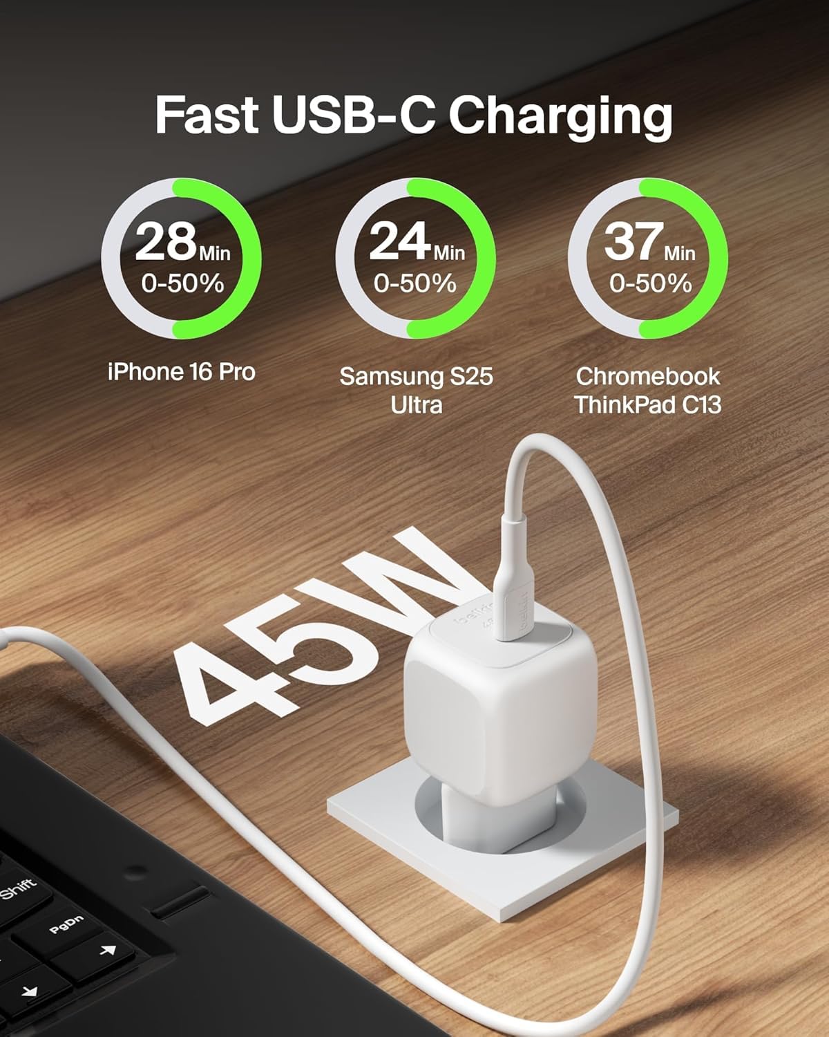 Belkin BoostCharge Smartphone, Telefono cellulare, Tablet, Computer portatile, Auricolare, Universale, Console portatile Bianco AC, USB Ricarica rapida Interno (45W USB WCHARGE WPPSWHT W1M C-CCABLE)