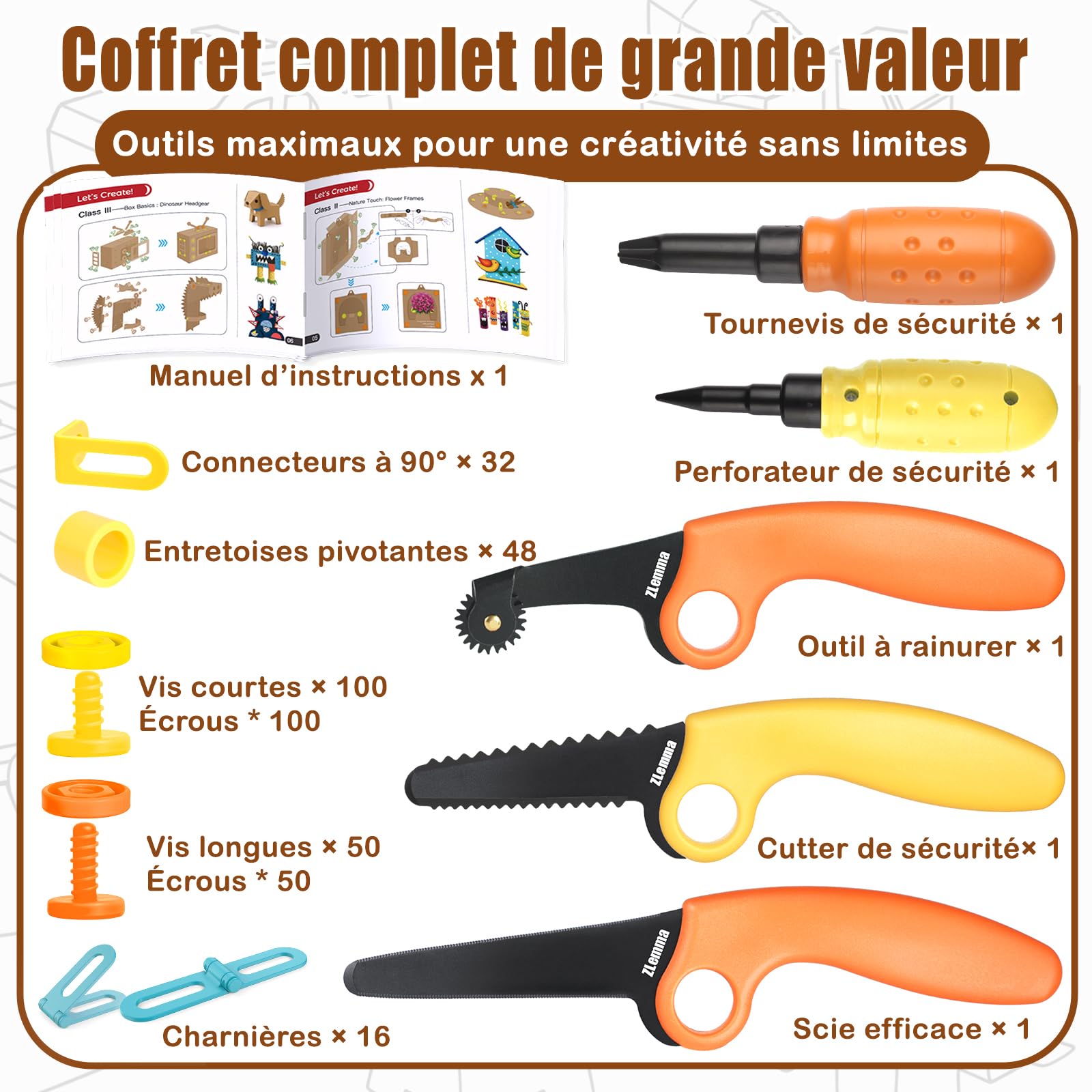 Kit Outils Créatifs en Carton 401 Pièces | Couteau Sécurisé, Rouleau, Tournevis, Boulons et Écrous | Coffret Cadeau Enfant DIY