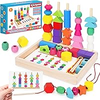 Vista 1 de KIZZYEA Montessori Toys for 2 3 4 5 Year Old Toddler, Wooden Beads Sequencing Toy, Lacing Beads, Stacking Block & Shape Stacker Toy