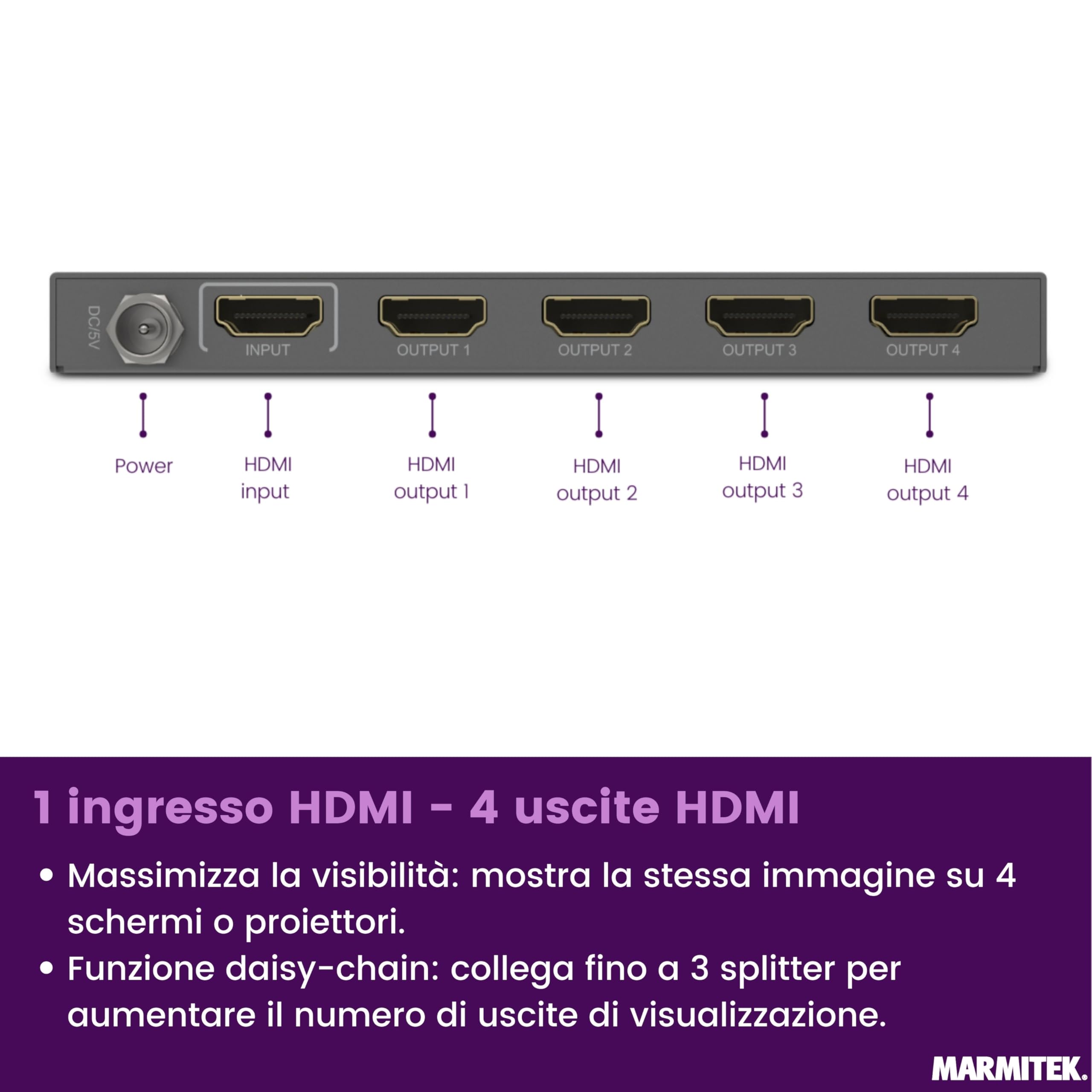 Marmitek Split 614 Pro - Splitter HDMI 4K60 1 ingresso 4 uscite UHD HDR | Sdoppiatore HDMI 2.0 per 4 schermi, Ultra HD 4K60, HDR, HDCP 2.2, EDID, downscaler, 18 Gbit/s e scocca metallica