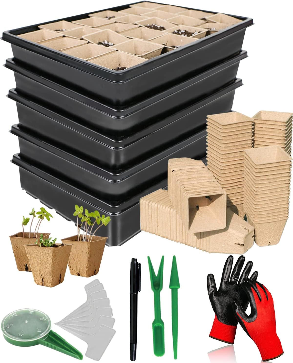 Seed Starter Tray Kit Herb Garden Growing Kit Mini Greenhouse for Seeds with Plant Labels, Biodegradable Pulp Organic Seedling Starter Tray Nursery Germination (5 Kit)