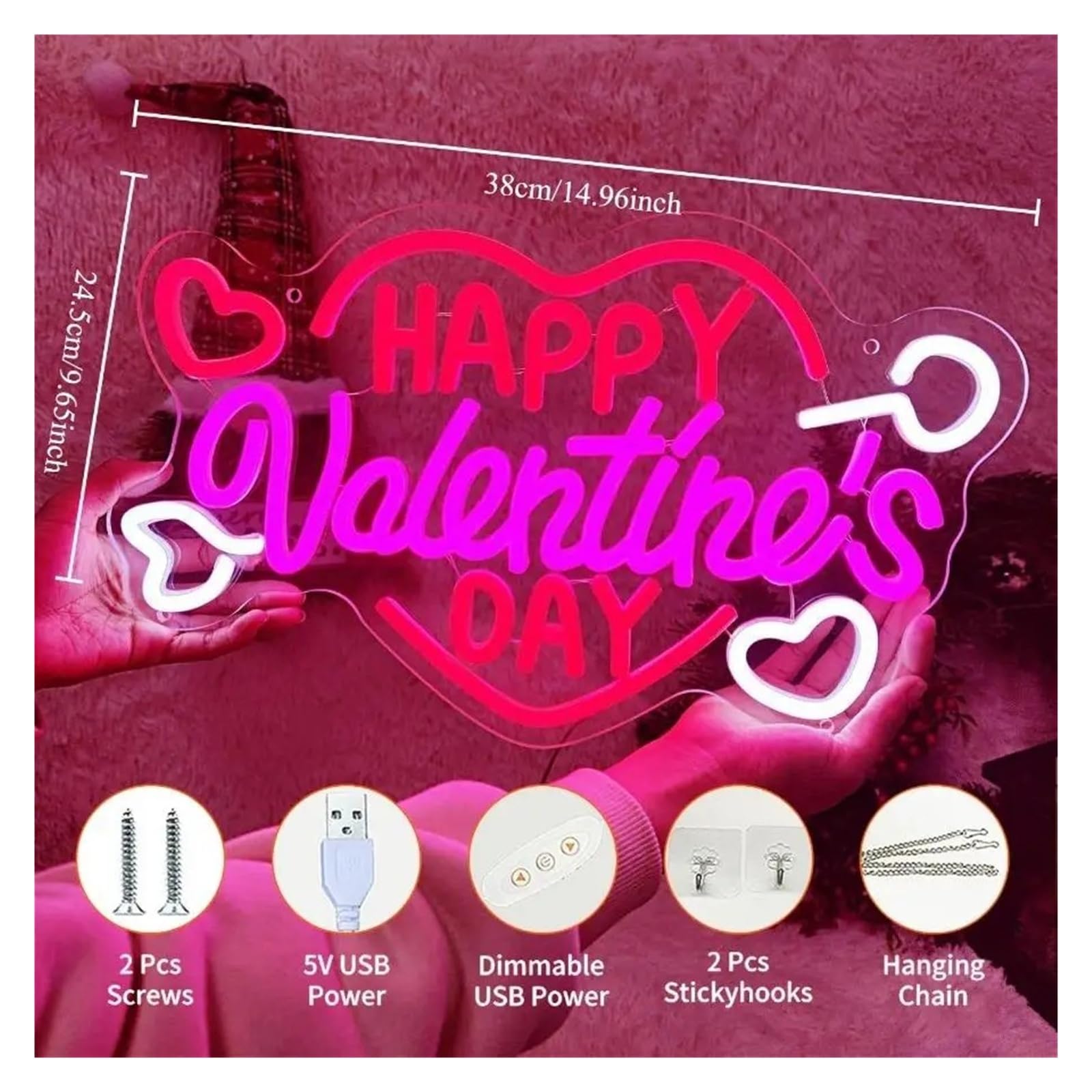 Hängende Kunst-Leuchtreklamen Happy Valentine's Day Neonlichtschild, USB-dimmbare Wanddekoration für Schlafzimmer, Spielzimmer, Wohnzimmer, Party 14.96x9.65in