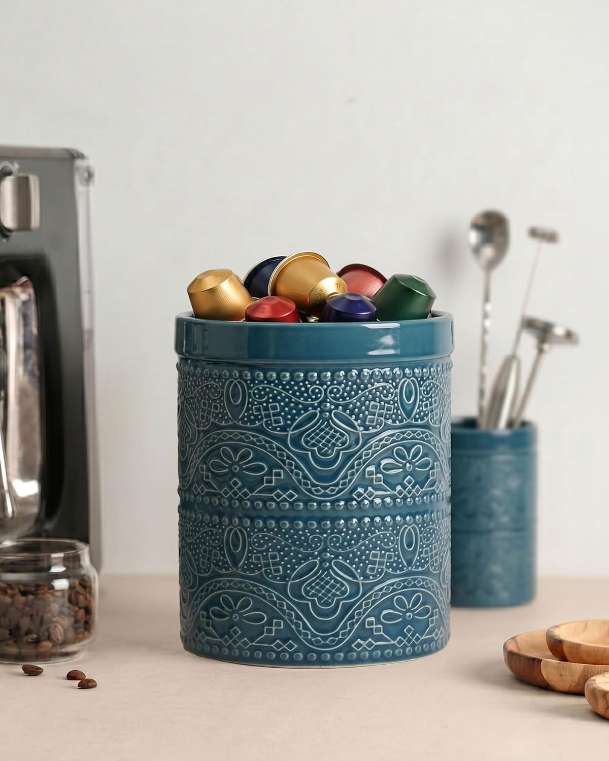 FUN ELEMENTS Kitchen Utensil Holder, 7.2+5.5" Super Large Utensil Crock Heavy and Stable Lace Emboss Ceramic Utensil Holder for Kitchen Counter(2Pcs Grayish Blue) image 4