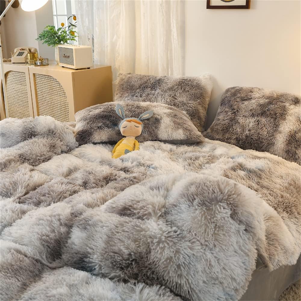 Faux Fur Plush Comforter Set Queen Size - Grey White Fluffy Fuzzy Shaggy Bedding Set - 3PC Microfiber Soft Warm Quilt Set - Image 2