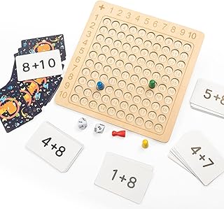 New Kids Wooden Math Addition Board, Montessori Children Counting Toy, Educational Preschool Addition Blocks Board Game with Addition Flash Cards Dice for Toddlers Kids Over 3 Years Old
