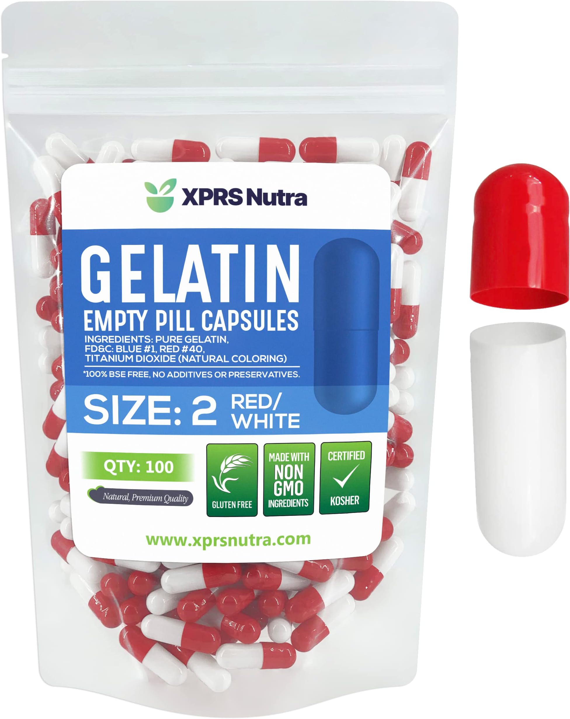 XPRS Nutra Size 2 Empty Capsules - 100 Count Empty Gelatin Capsules - Empty Pill Capsules - DIY Capsule Filling - Pure Bovine Pill Capsules Empty Gel Caps (Red/White)