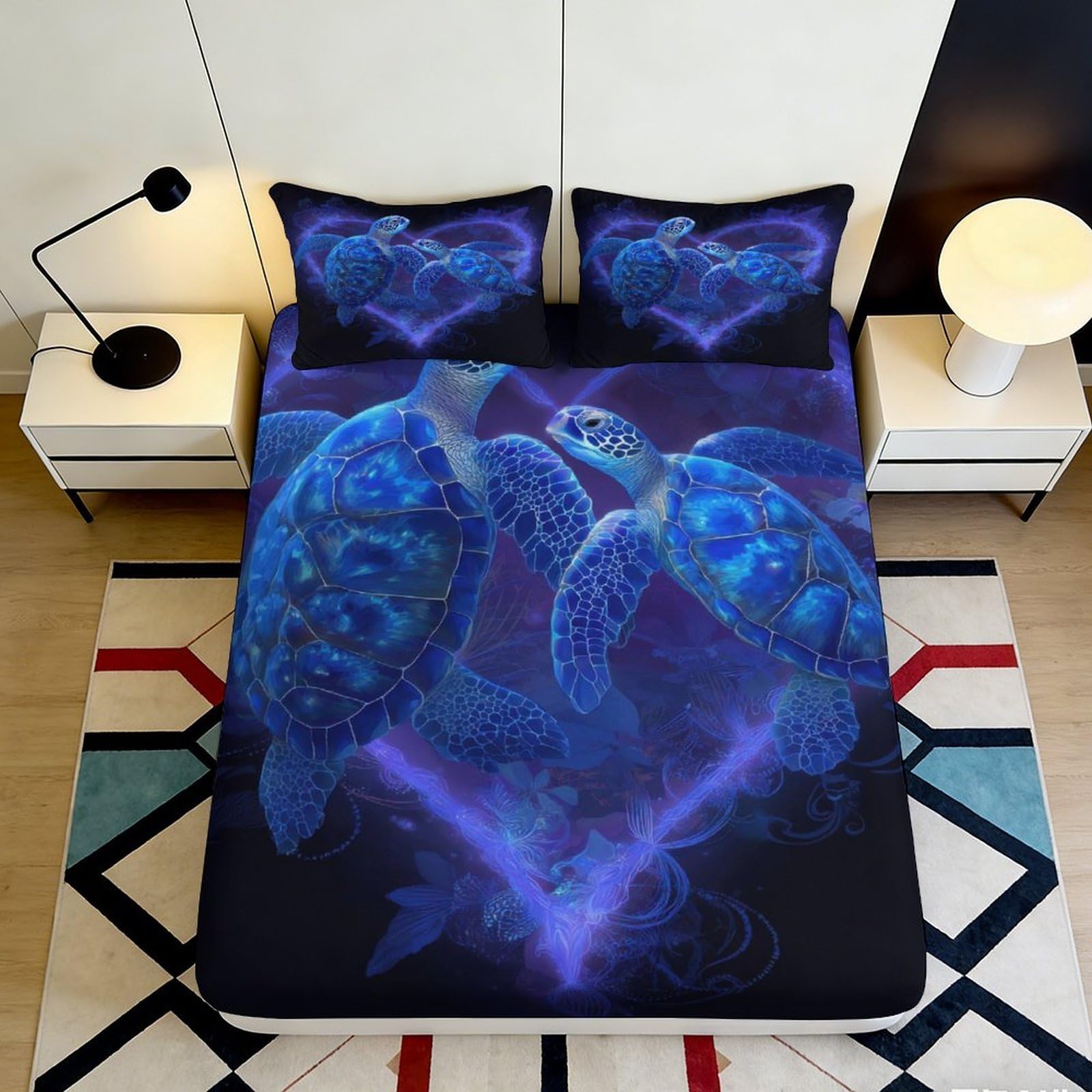 3D Printed Blue Sea Turtle Fitted Sheet Microfiber Soft Breathable Ocean Wave Mattress Cover for Bedroom Dorm Decor 90x200x25cm