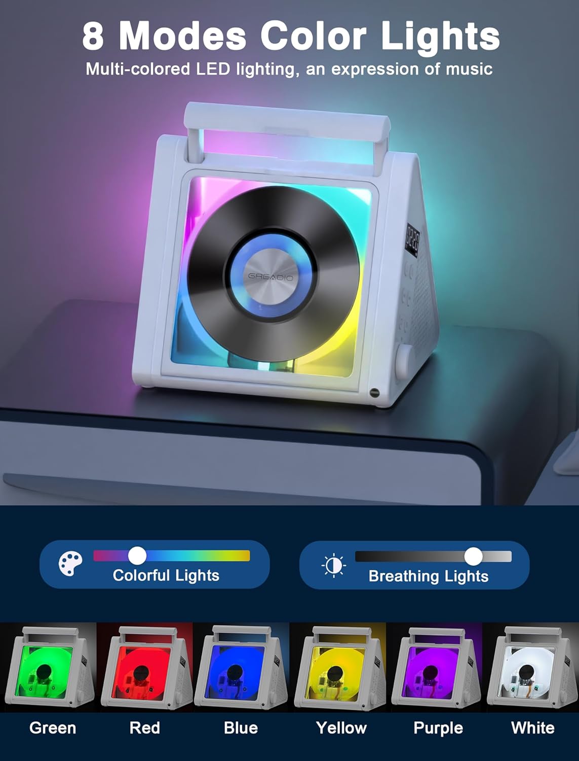 Greadio CD Player with 8 modes color lights