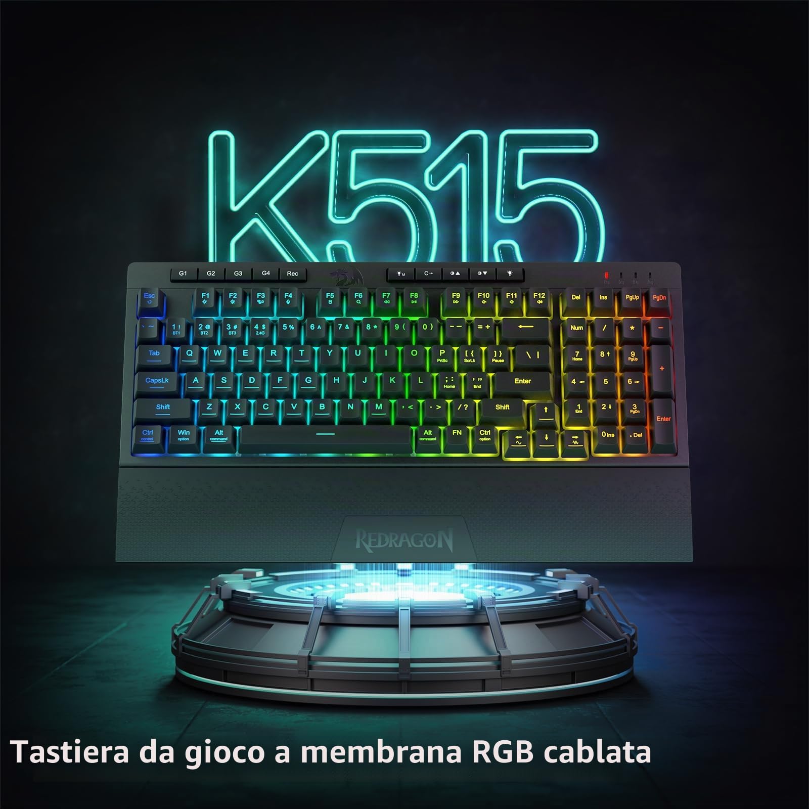 Redragon K515 PRO Shiva RGB Tastiera da gioco a membrana wireless, tastiera meccanica a 98 tasti con interruttore lineare, tasti macro e multimediali integrati, poggiapolsi rimovibile US LAYOUT