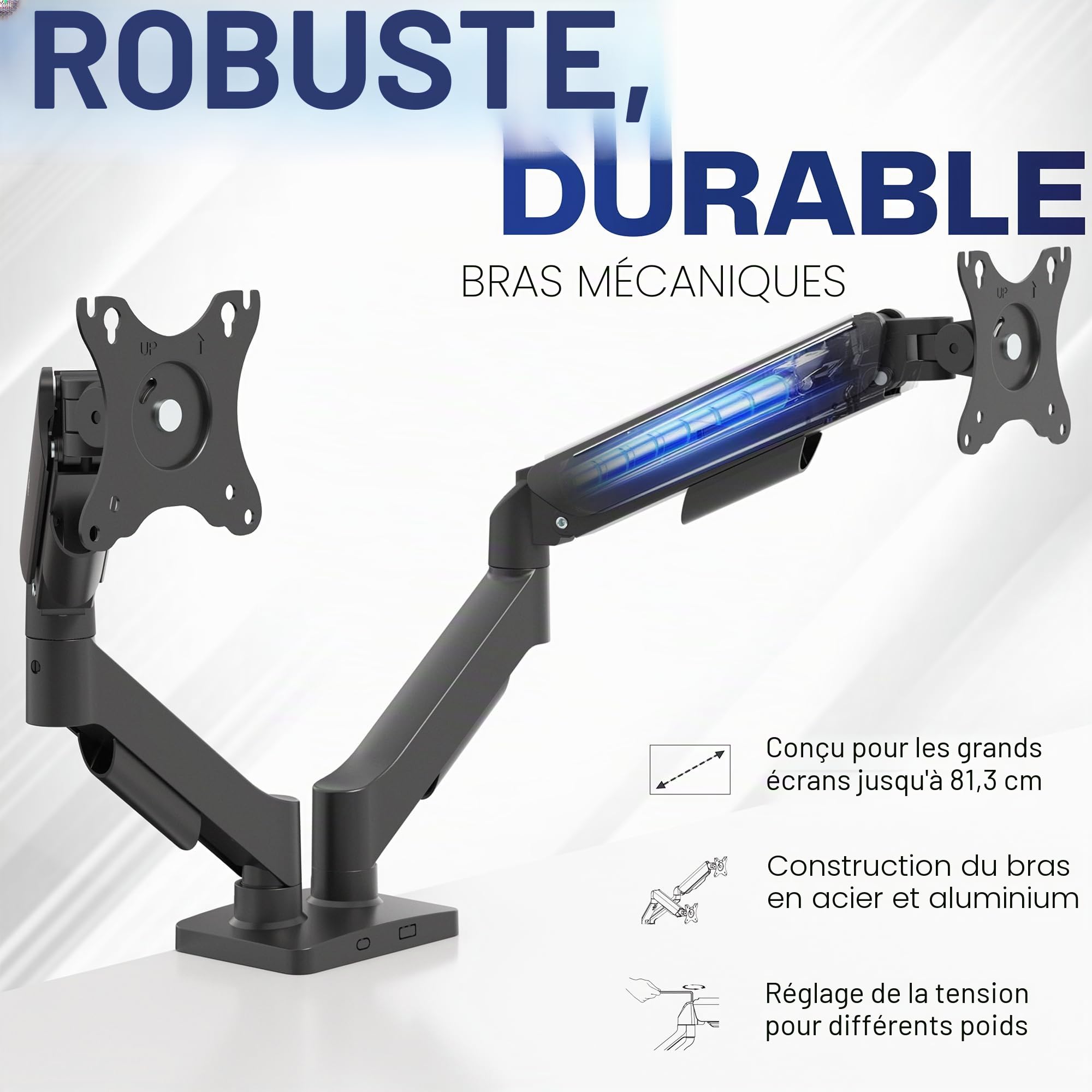 Vivo Support de Bureau à Double Bras réglable en Hauteur, inclinable, pivotant, Support pneumatique à contrepoids, Bras de Support VESA Compatible avec la Plupart des écrans jusqu'à 32", Classique,