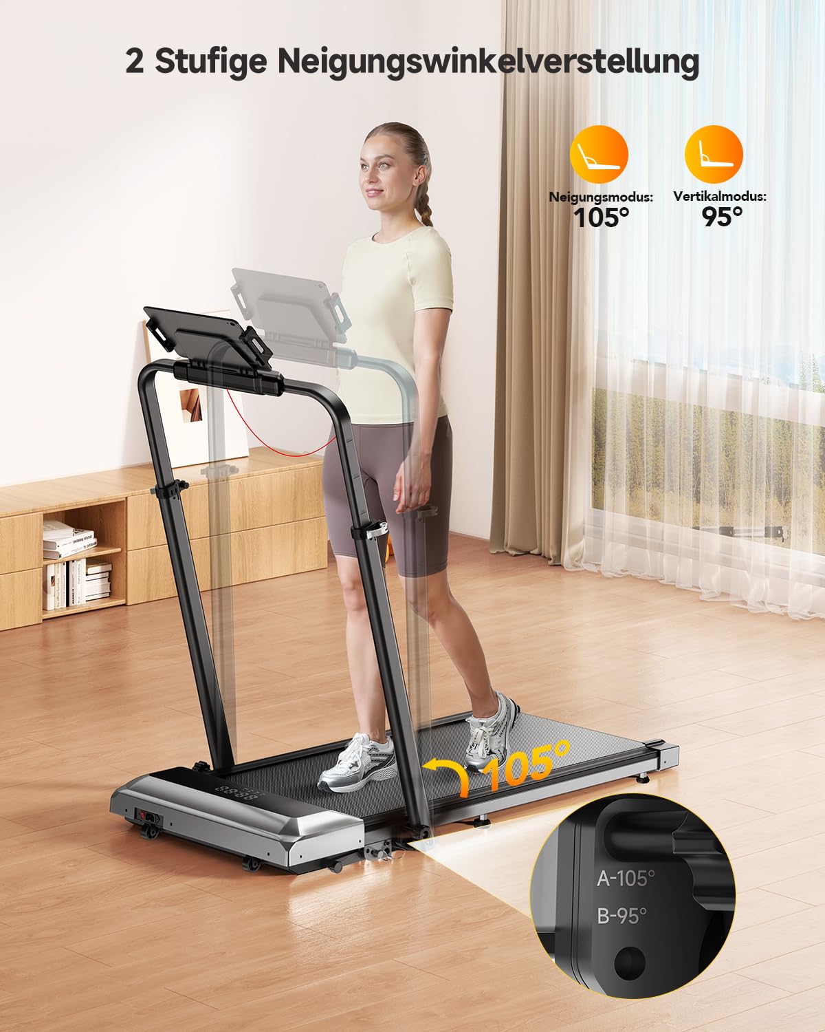 Laufband für Zuhause mit 12% Steigung, 12km/h, 6 in 1 Walking Pad, Klappbar Laufband mit 1150MM Einziehbares Steigrohr, 95°/105° Drehbarer Steigrohr, 2.5HP Leiser Motor, Fernbedienung und App