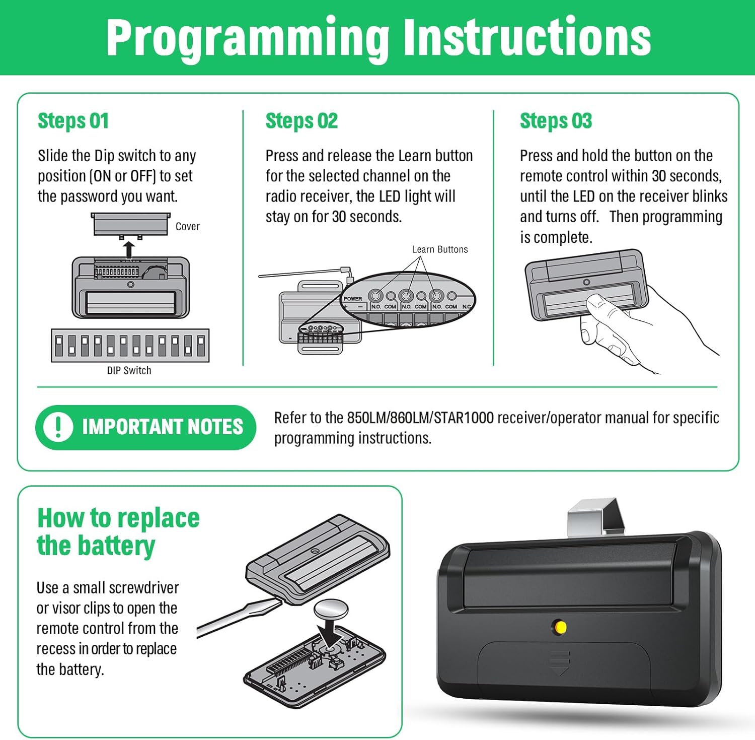 811LMX / 811LMX MC / 811LM Gate Remote Replacement for Liftmaster Gate Opener Remote with Security+ 2.0, for Liftmaster 850LM 860LM STAR1000 Receiver, 1-Button Remote Control, 12 DIP Switch, 4 Pack