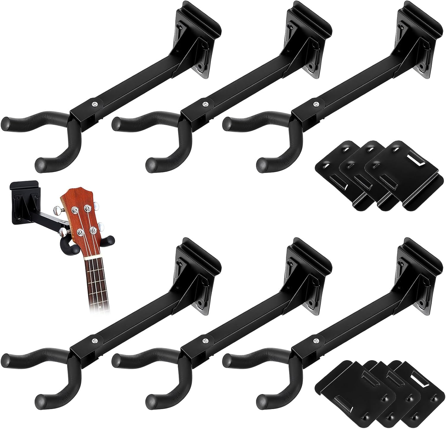 6 Pcs Guitar Hanger Wall Mount Guitar Hangers Hooks Holders with Slat Adapter 180° Adjustable Black Hook Stand Wall Mount for Acoustic Electric Bass