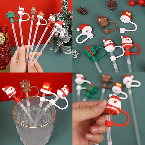 Miniatura 7 de YOSOMMK Juego de 6 tapas de paja de Navidad para vasos Stanley de 30 y 40 onzas, Papá Noel, alce, silicona de grado alimenticio, fundas para popotes