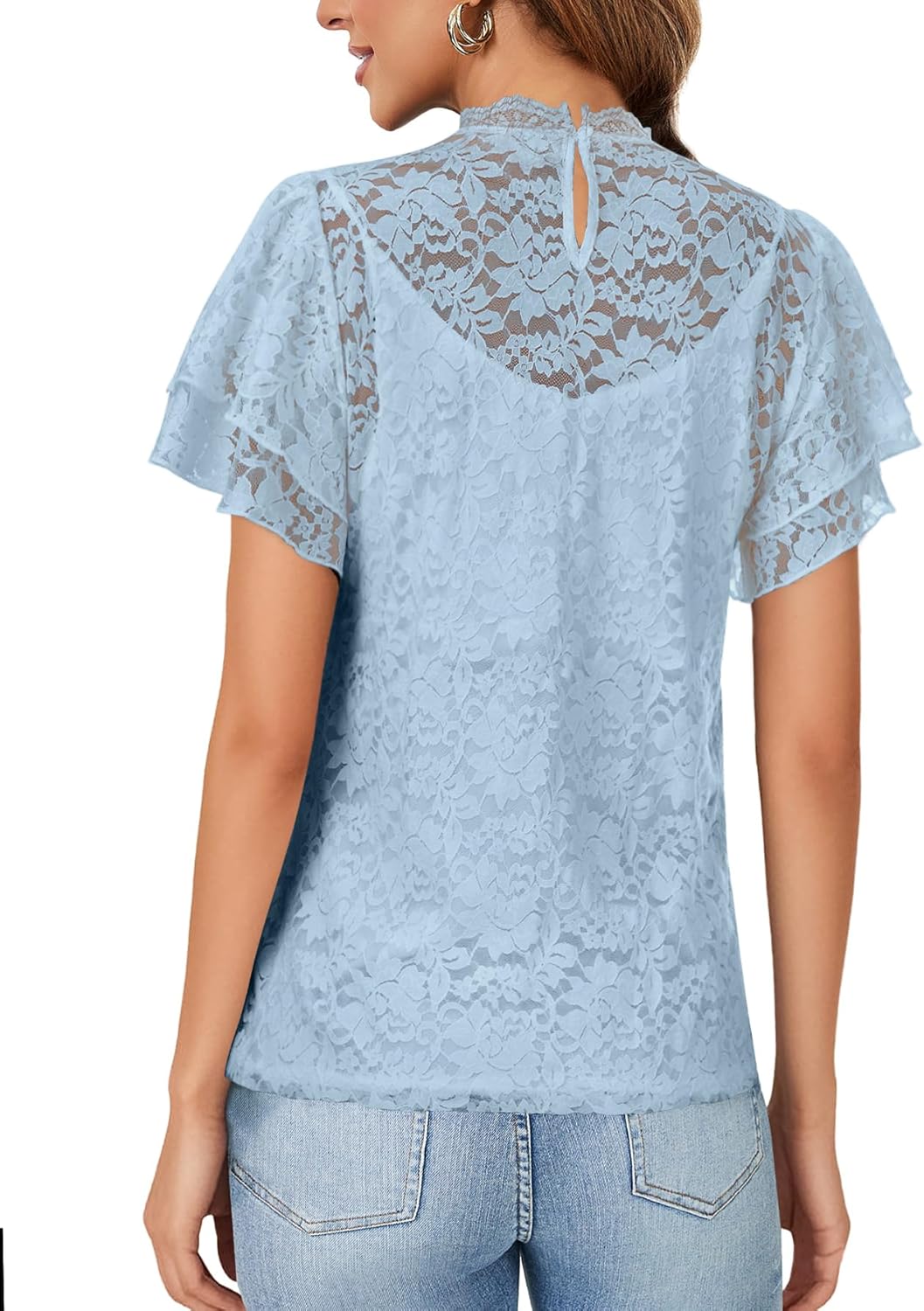 Rooscier Women's Lace Sheer Scallop Mock Neck Flounce Sleeve Back Keyhole Blouse Top Shirt Without Cami - Image 5