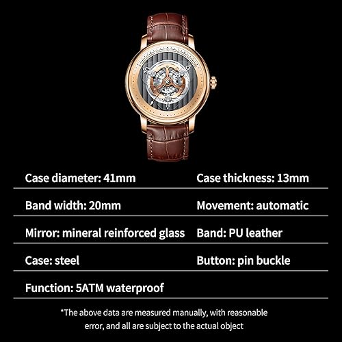 Miniatura 6 de Relojes automáticos para hombres, relojes impermeables para hombre, esfera de cuero, esqueleto mecánico, reloj mecánico de 3 horas transparentes,