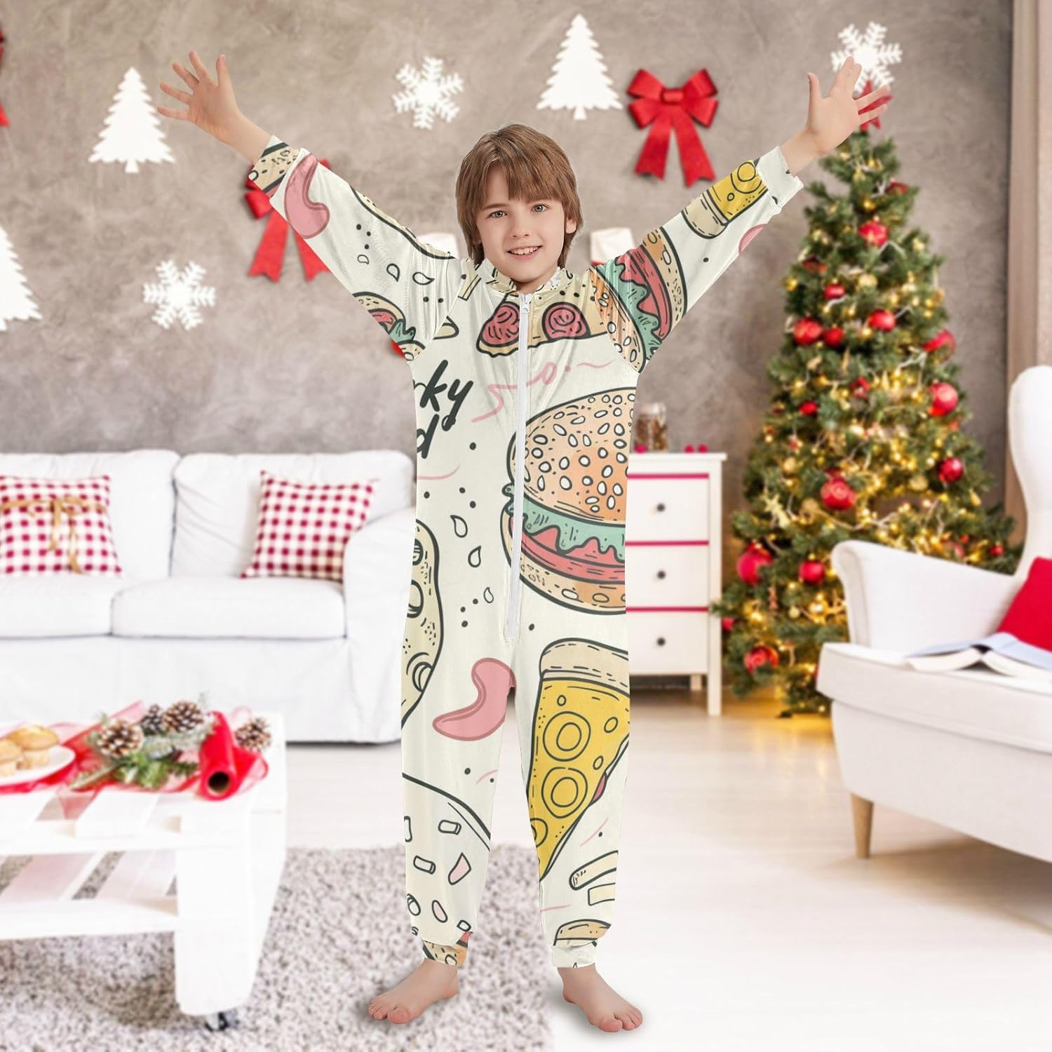 Cute Cartoon Doodle PizzaUnisex OnesieSoft Cozy Hooded One-Piecing Jumpsuitsfor Parties Sleepovers