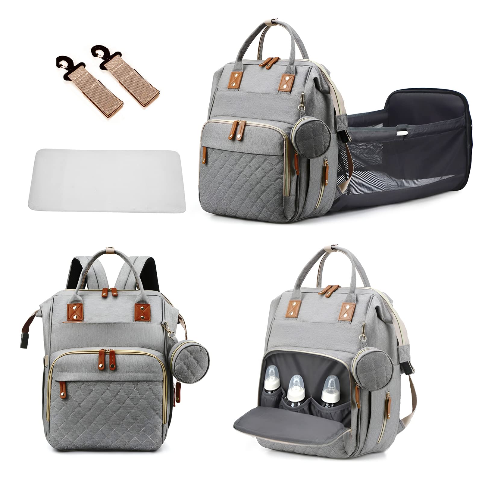 GurZinn Baby Diaper Bag Backpack with Changing Station Travel Waterproof 3 in 1 Foldable Pad Unisex Grey