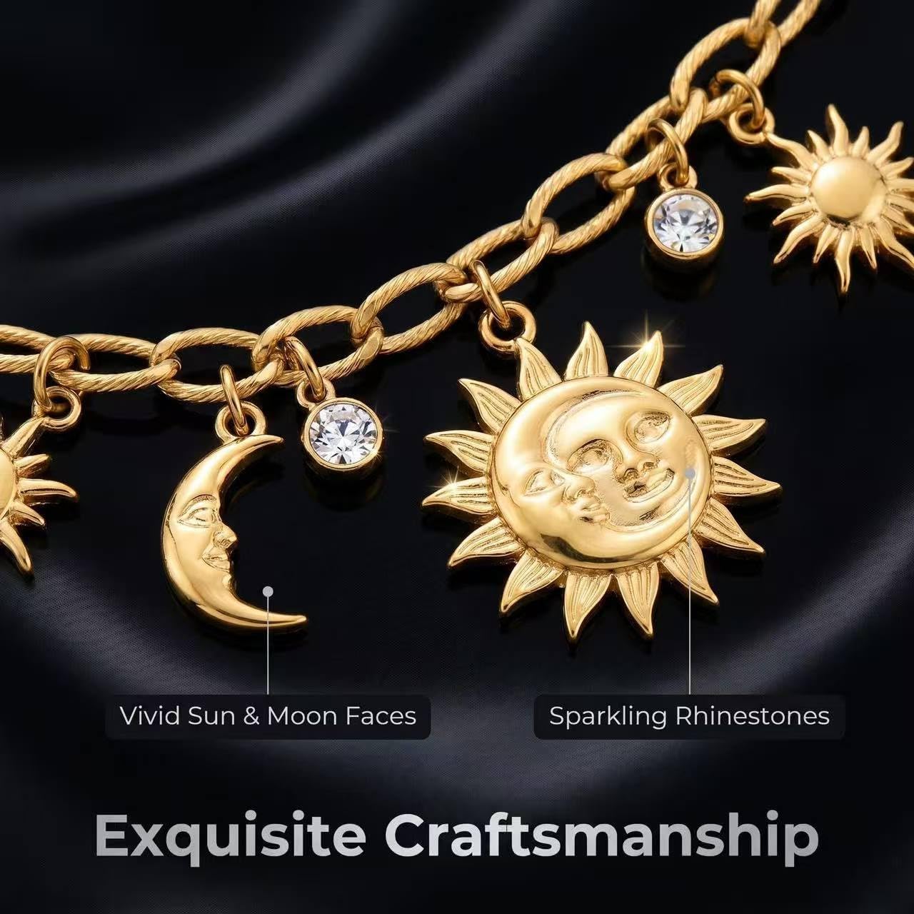 Ideal Party Gift Jewelry Set for Women, 18K Gold Plated Stainless Steel Sun Moon Pendant Necklace Bracelet Hoop Earrings Ring Kit, Hypoallergenic Statement Stackable Accessories for Birthday Wedding Anniversary Holiday