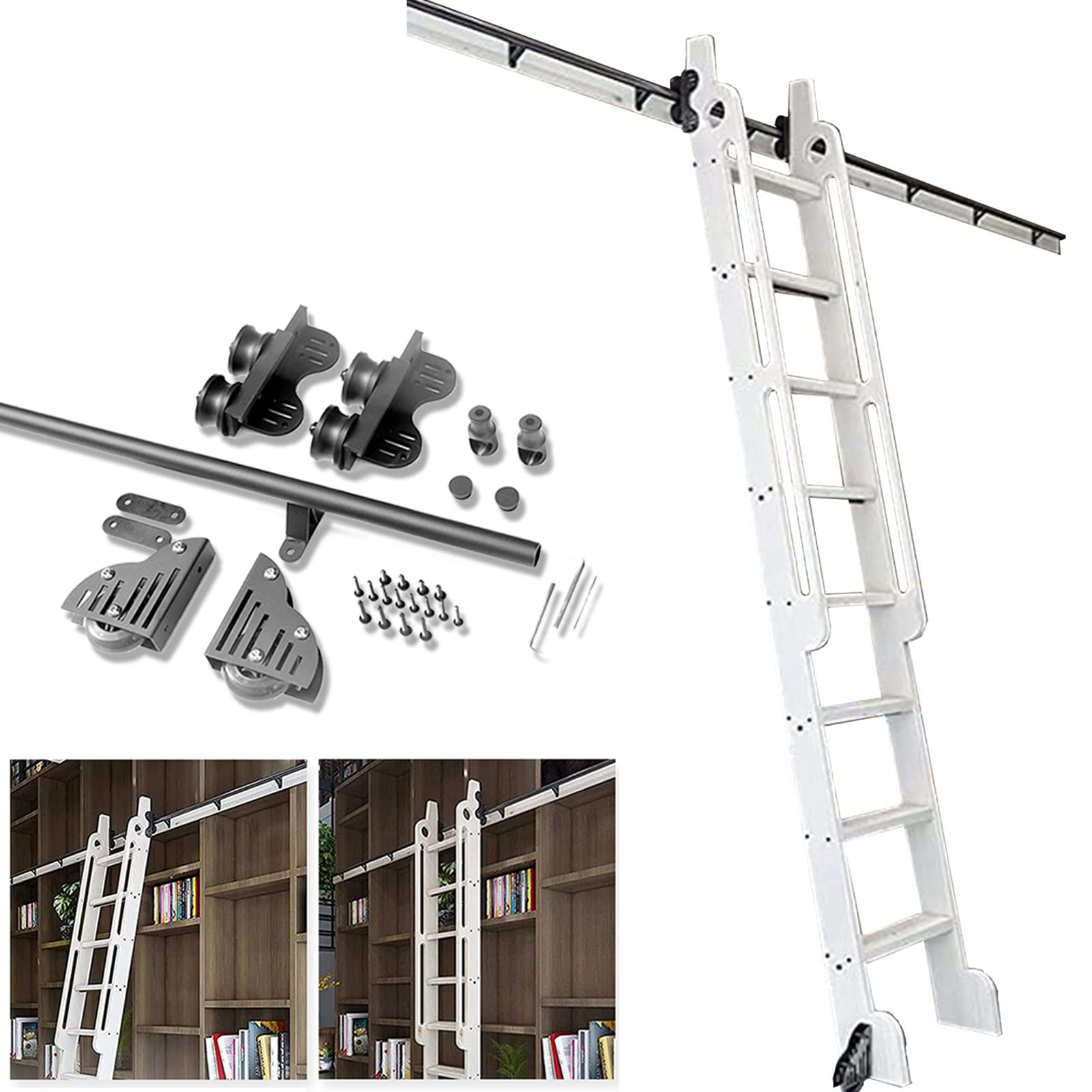 Kit quincaillerie pour échelle coulissante de bibliothèque avec rail de suspension et roulettes